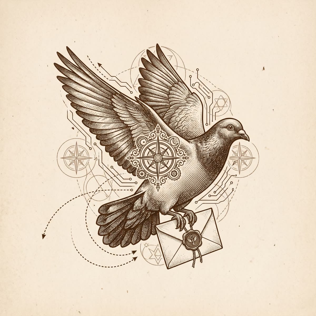 Engraving of a wax-sealed letter carried by a homing pigeon in flight