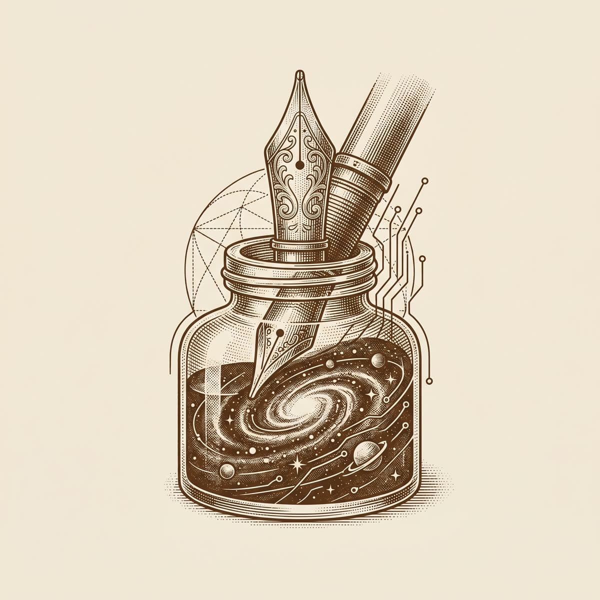 Engraving of a fountain pen and inkwell with ink becoming stars